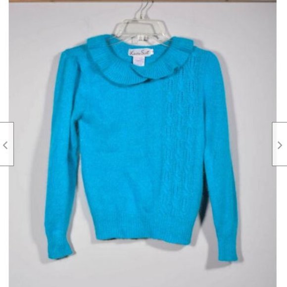 Vintage Laura Scott Silk Angora Teal Blue Ruffle Collar Cropped Sweater Sz M - Picture 1 of 3